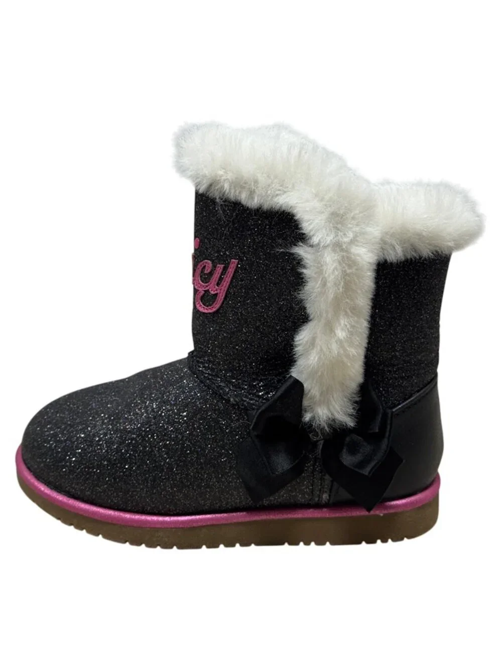 Juicy Couture Cachet PL Girls Glitter Boots Faux Fur Black Pink Bow Size 1